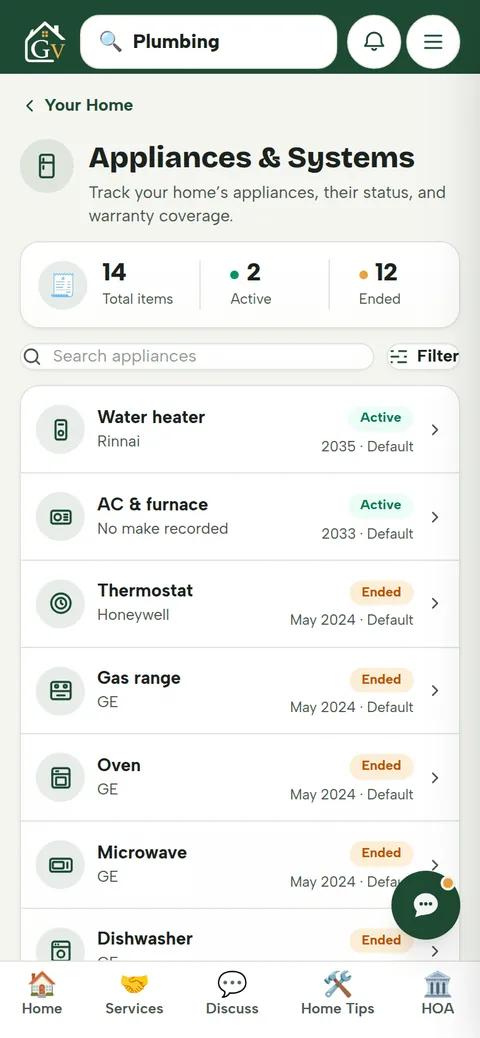 Grand Vista Hub — Appliance tracking